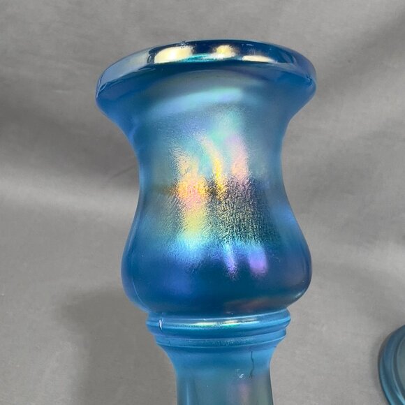 Vtg Central Glass Works Iridescent Blue Stretch Trumpet Candlestick Holders Glow - Picture 9 of 16